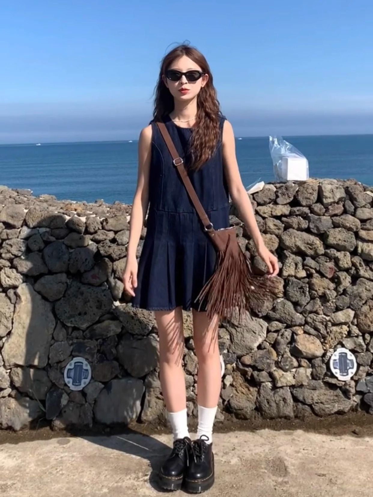 Retro Literary Denim Vest Skirt Pleated Women's Summer Blue Slim Commuting Sleeveless Dress