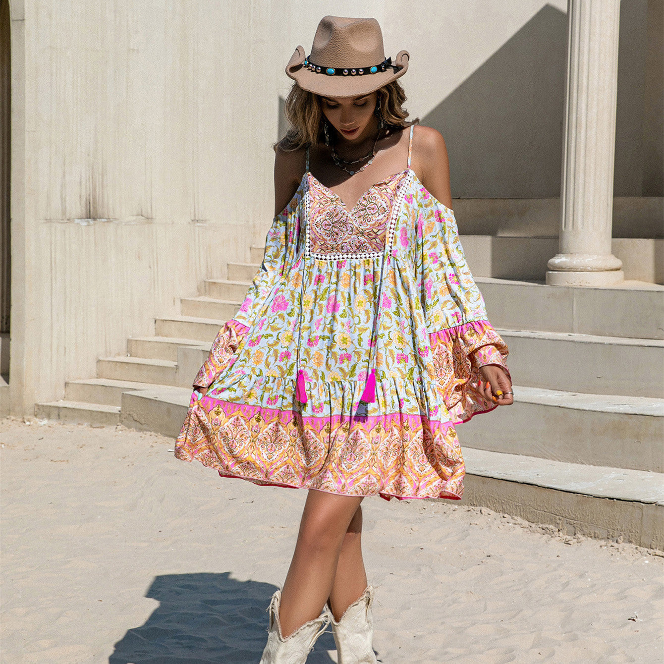 Loose Printed Off Shoulder Tassel Dress