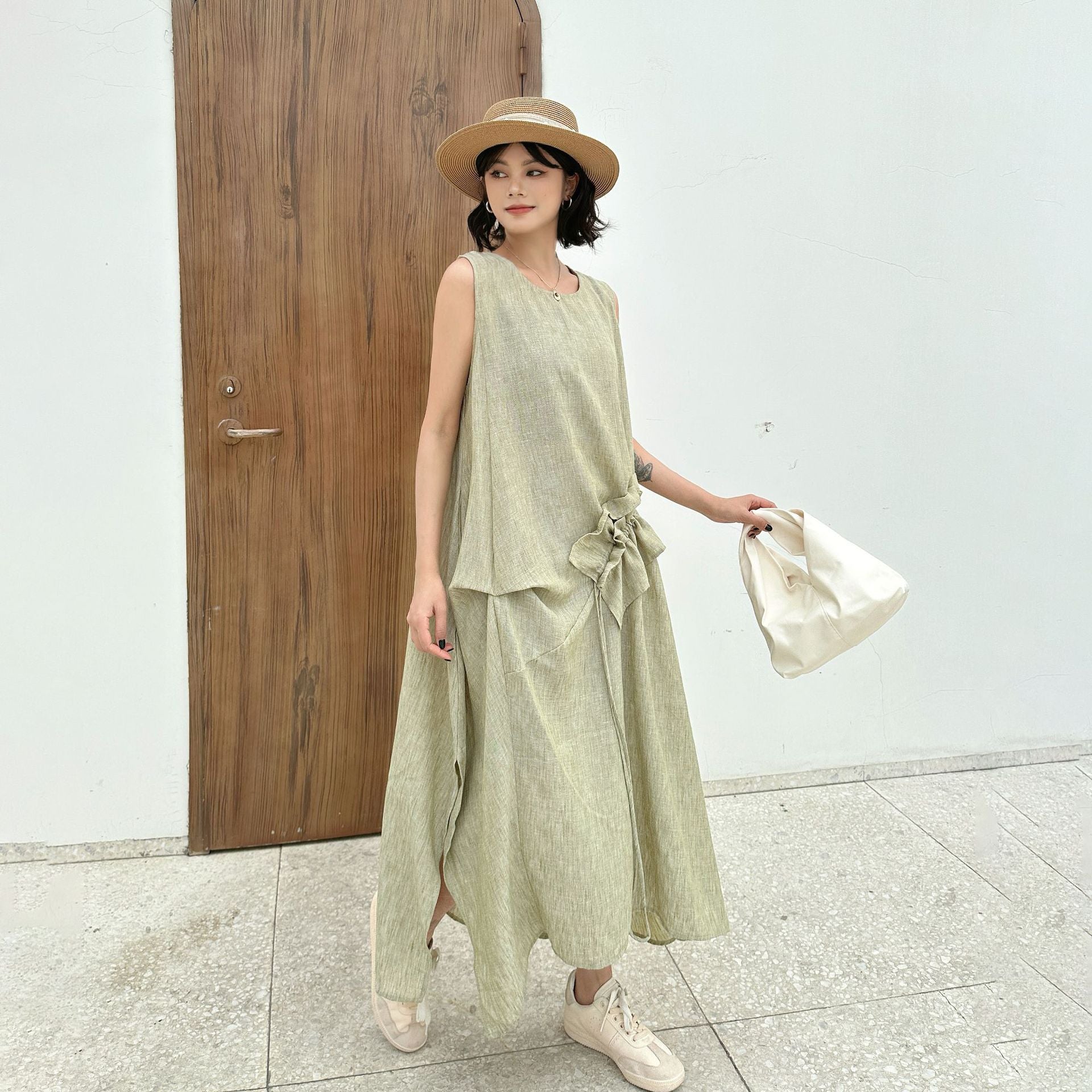 Women's Retro Crew Neck Patchwork Ruffled Drawstring Sleeveless Dress