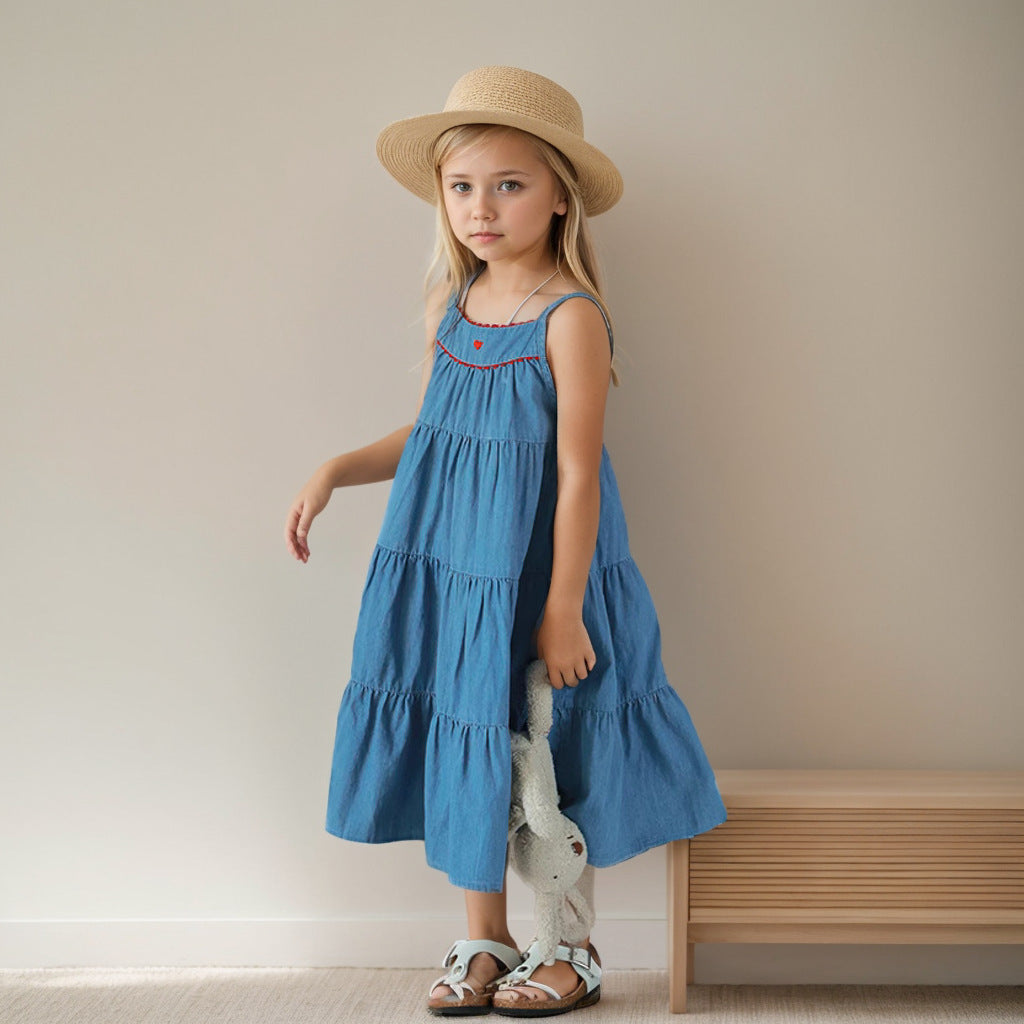 Summer Girl Denim Dress College Style Camisole Lotus Leaf Style