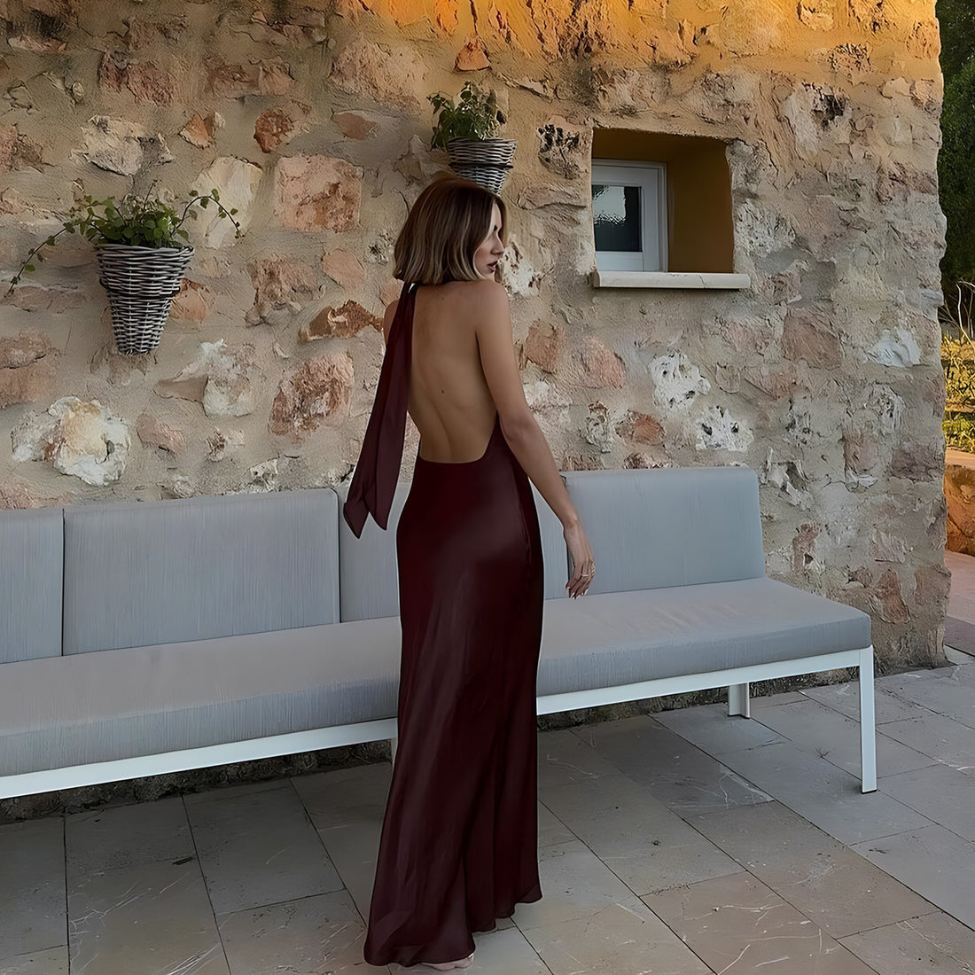 Silk Satin Texture Halter Lace-up Dress