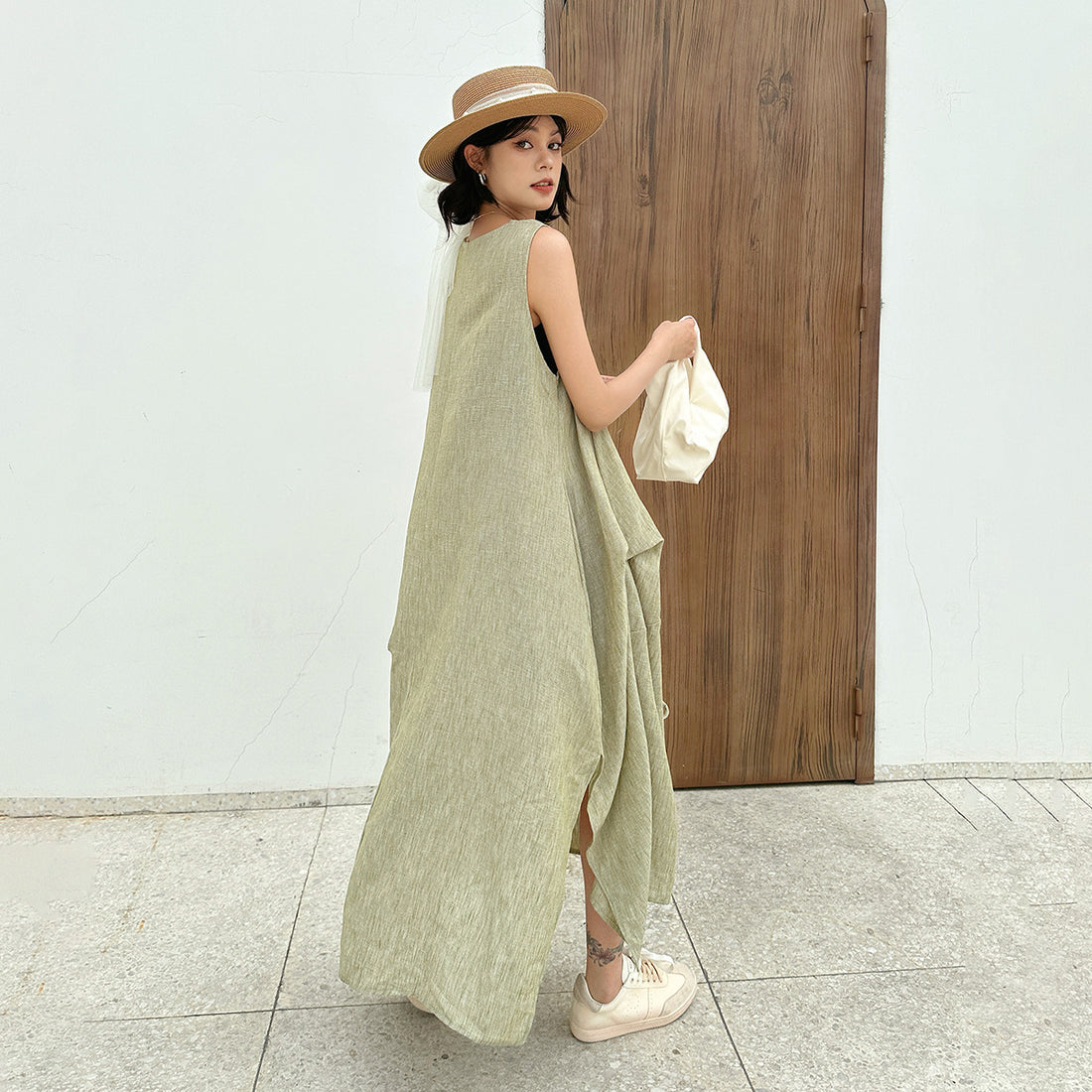 Women's Retro Crew Neck Patchwork Ruffled Drawstring Sleeveless Dress