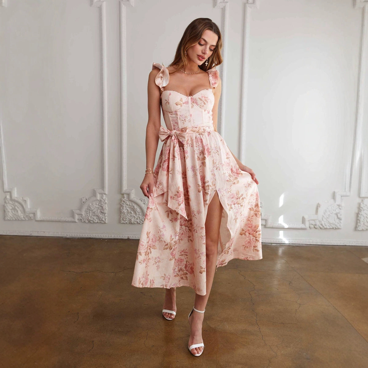Fashion Floral Print French Retro Girdle Dress