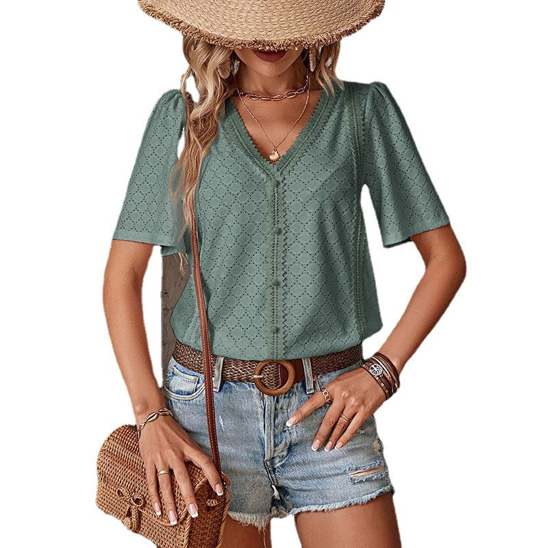 Women's V-neck T-shirt Lace Patchwork Top