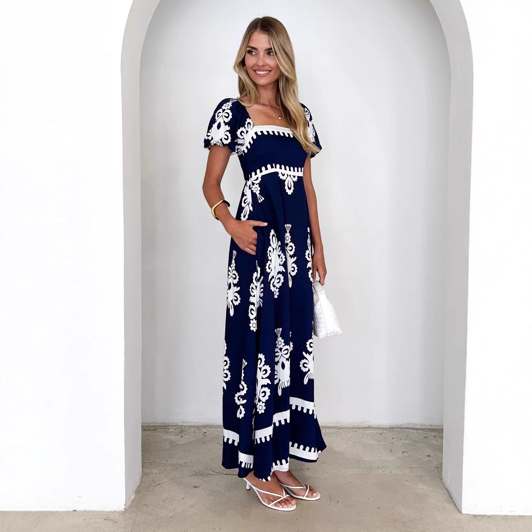 Vacation Style Printed Beach Dress Smocking Dress Women