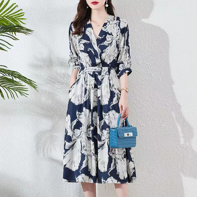 New Waist-controlled Lace-up 34 Sleeve V-neck Printed Skirt