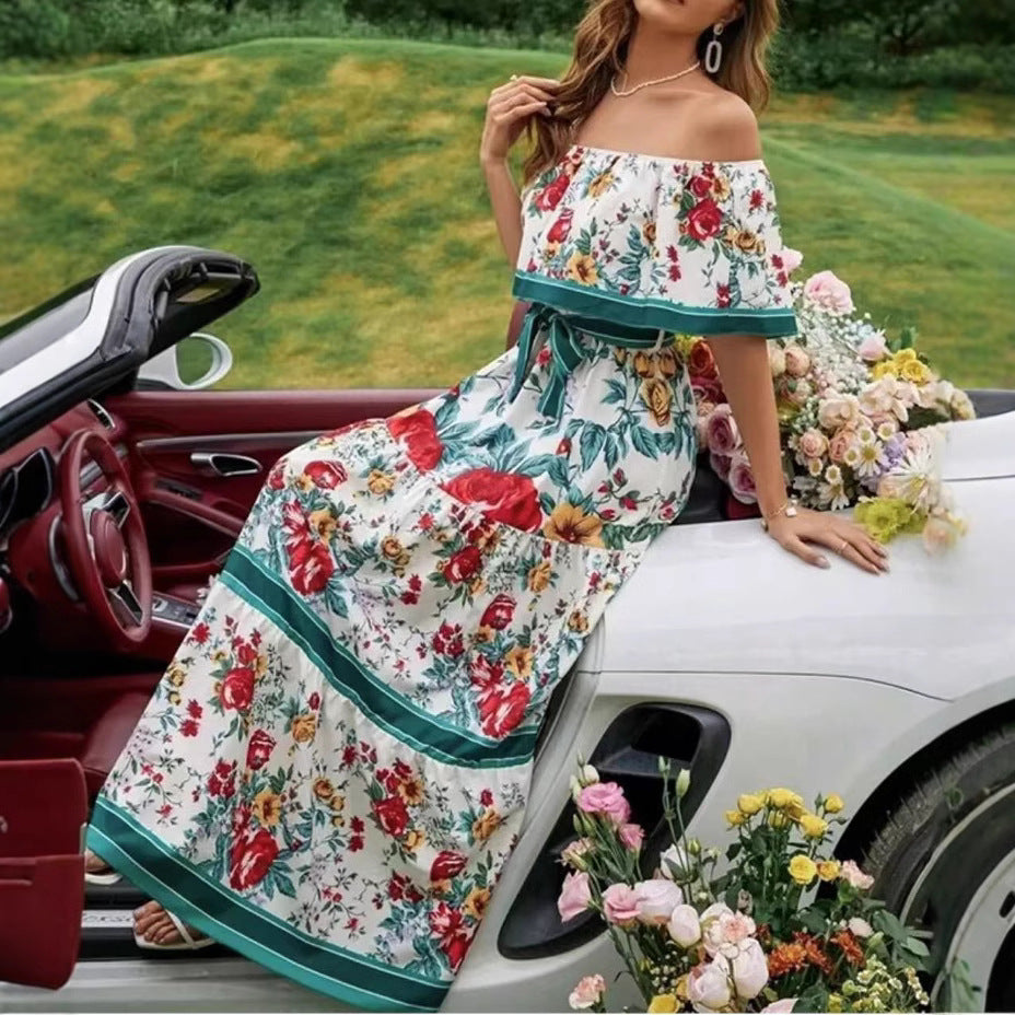 Summer European And American Off-shoulder Printing Belt Long Large Hem Dress