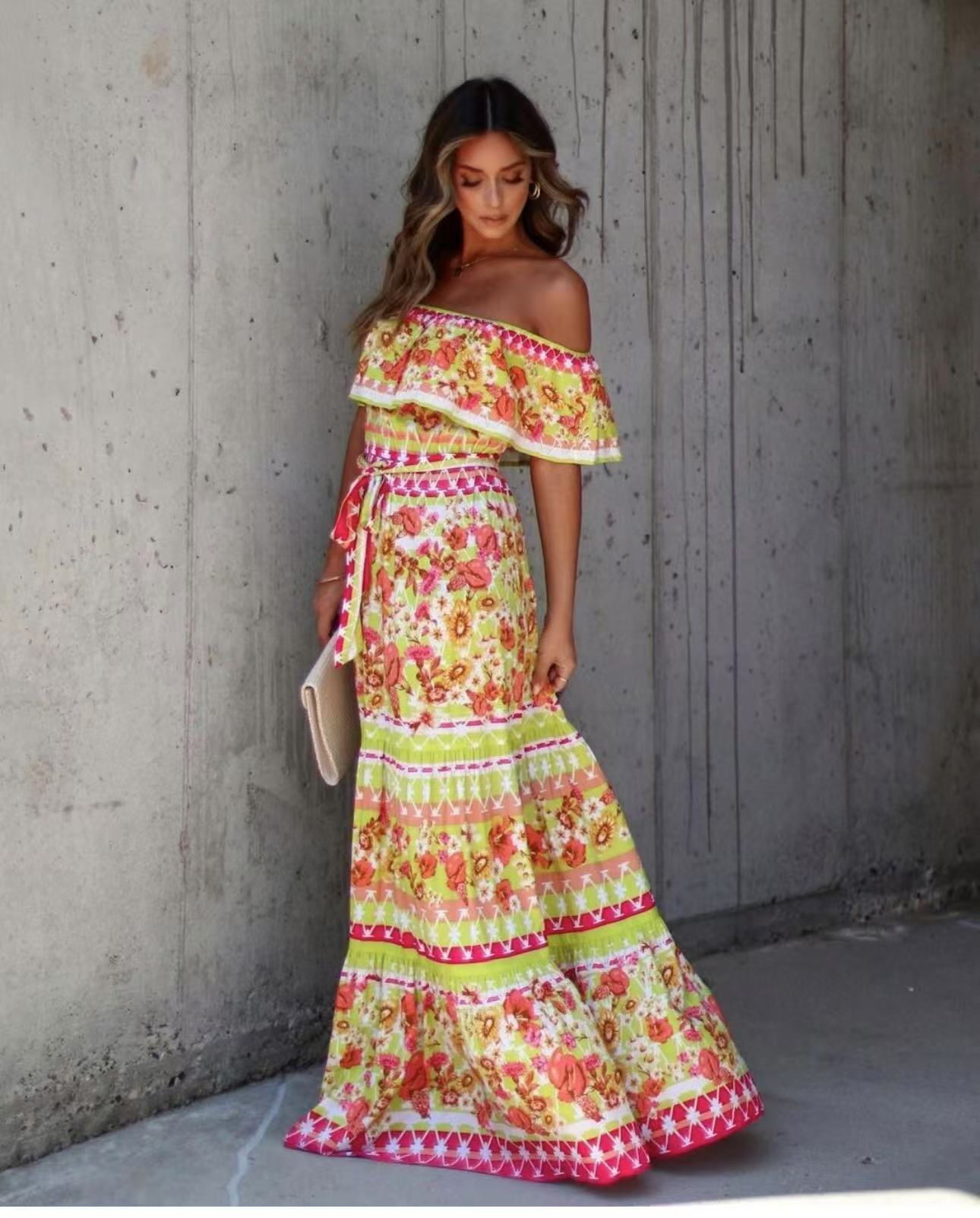 Summer European And American Off-shoulder Printing Belt Long Large Hem Dress