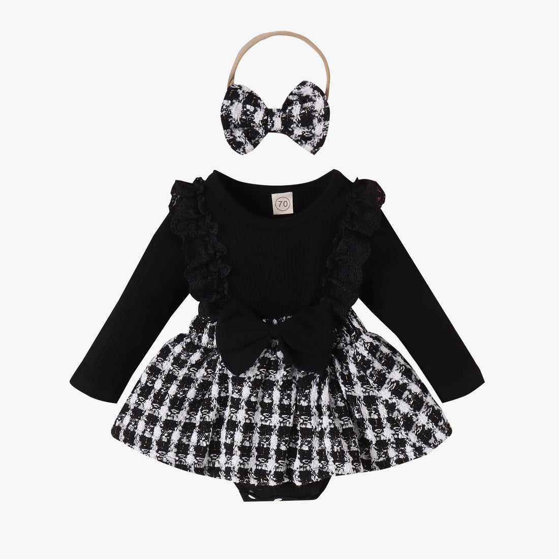 Long Sleeve Stitching Woven Style Plaid Skirt Bow Romper