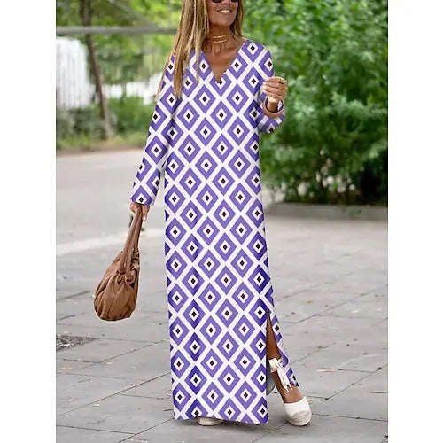 Sommer Geometrisch bedrucktes langes Kleid mit V-Ausschnitt, modische langärmelige Schlitzkleider für Damen
