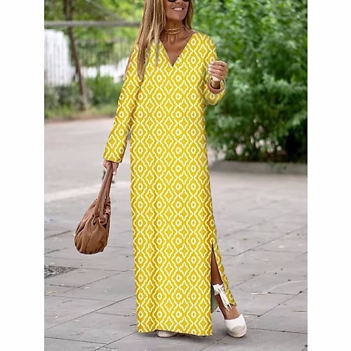 Sommer Geometrisch bedrucktes langes Kleid mit V-Ausschnitt, modische langärmelige Schlitzkleider für Damen