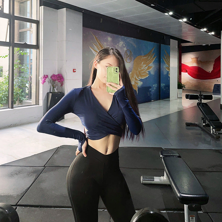 Yoga Clothes Long Sleeve Cross Sexy Women's Detachable Chest Pad