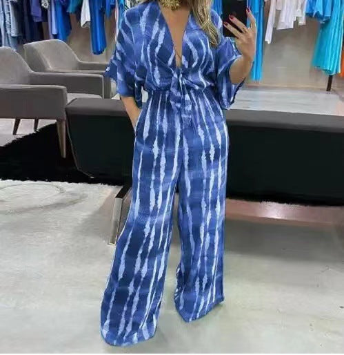 Personalized Print Lace Up V Neck Jumpsuit