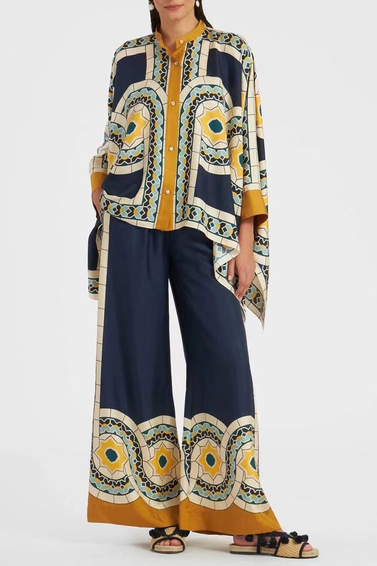 Fashion Women's Stand Collar Irregular Top Trousers Suit