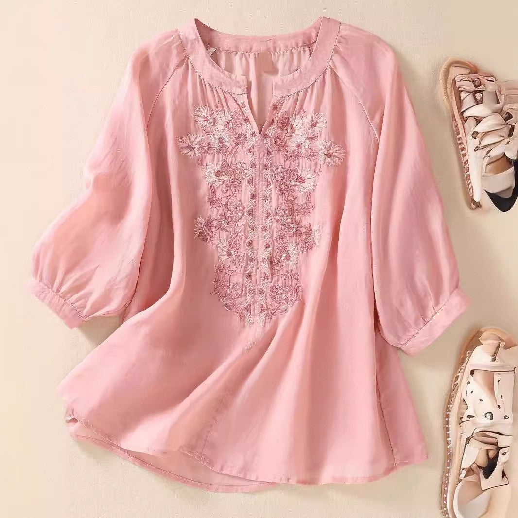 Women's Cotton And Linen Three-quarter Sleeve Embroidered Top