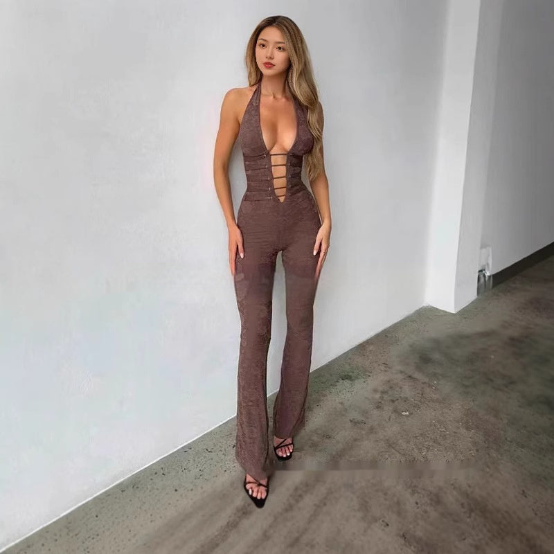 Solid Color Lace Hollow-out Semi-transparent Halter Drawstring Jumpsuit