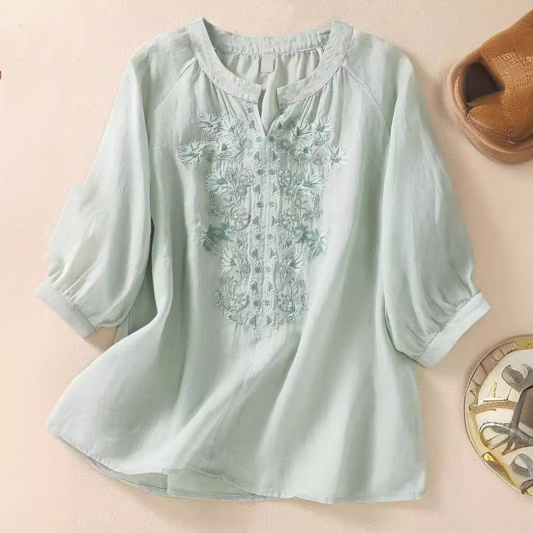 Women's Cotton And Linen Three-quarter Sleeve Embroidered Top