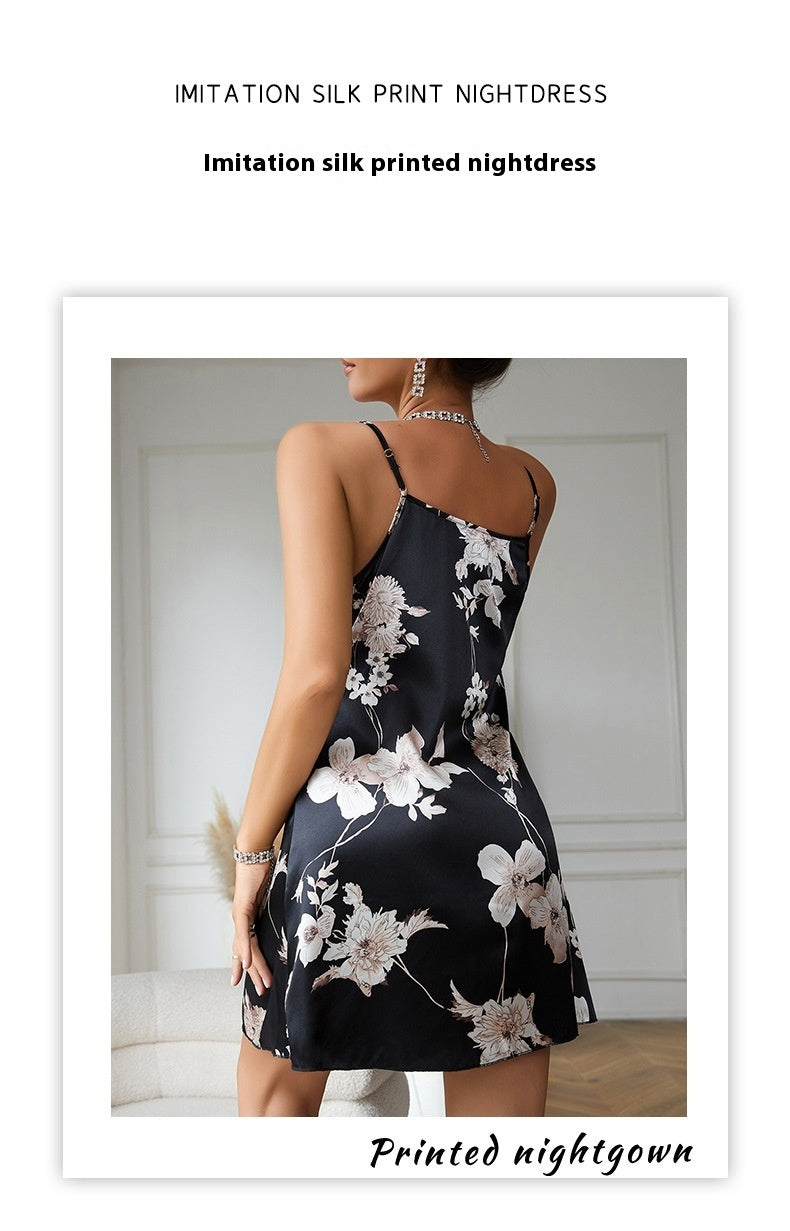 Sexy French Style Ice Silk Pajamas Big Flower Sweet Sexy Slip Nightdress