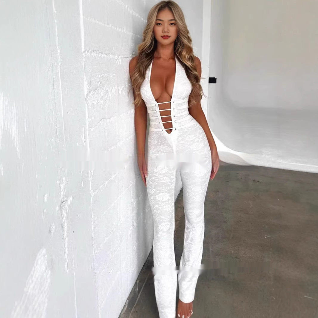 Solid Color Lace Hollow-out Semi-transparent Halter Drawstring Jumpsuit