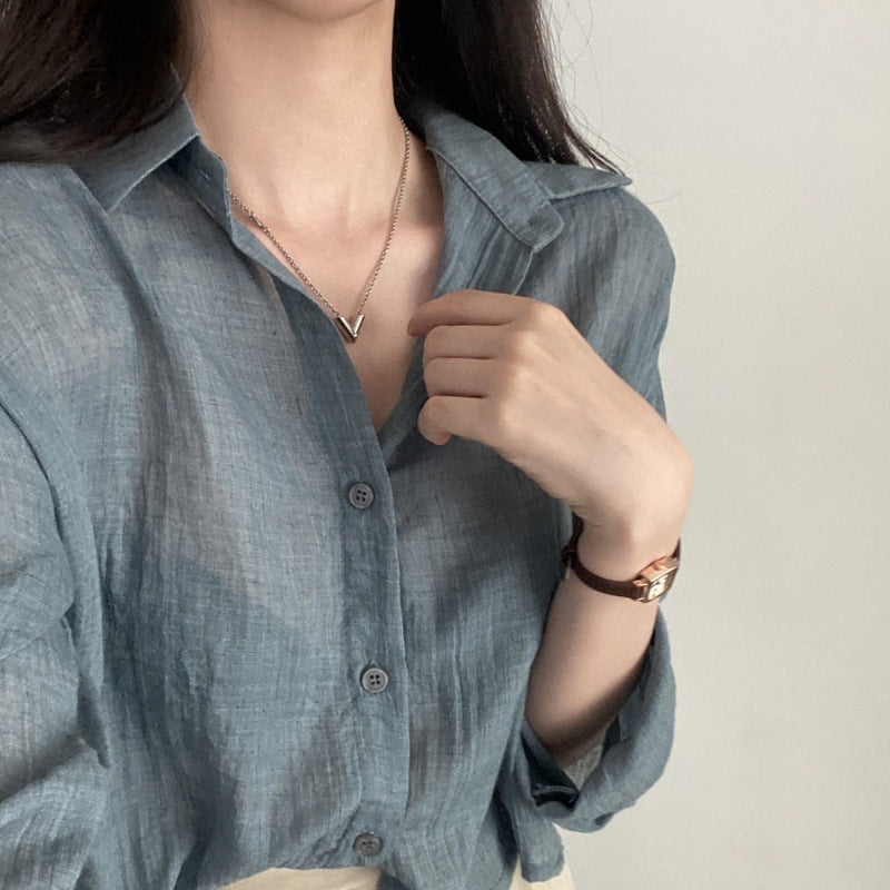 Simple Solid Color Single-breasted Lapel Ruffle Long Sleeve Shirt