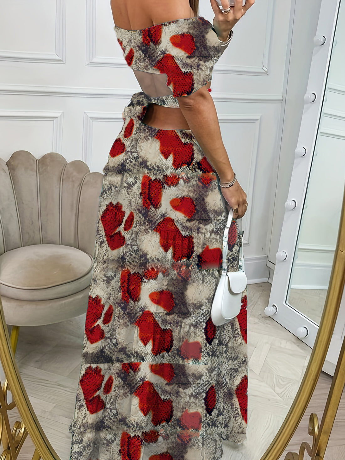 Bedrucktes, einzeiliges, kurzärmliges, langes Kleid mit hohlem Taillendesign, Sommerurlaubskleider für Damen