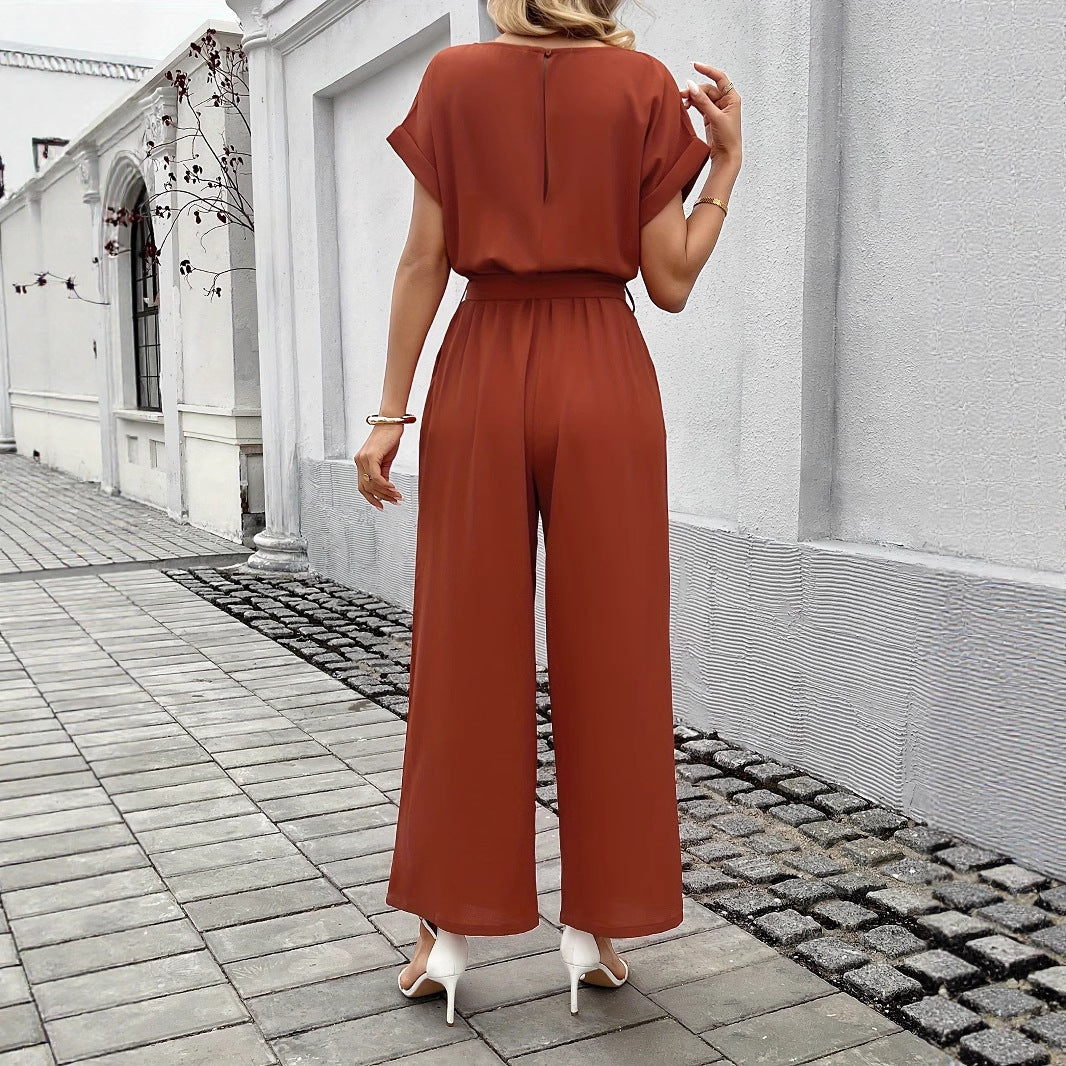 Solid Color Belted Jumpsuit – Elegant & Comfy