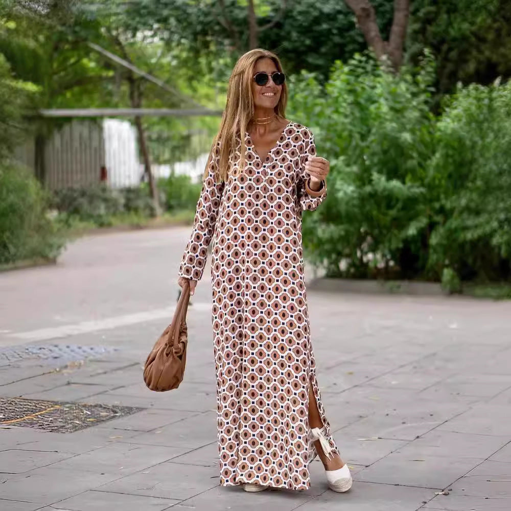 Sommer Geometrisch bedrucktes langes Kleid mit V-Ausschnitt, modische langärmelige Schlitzkleider für Damen