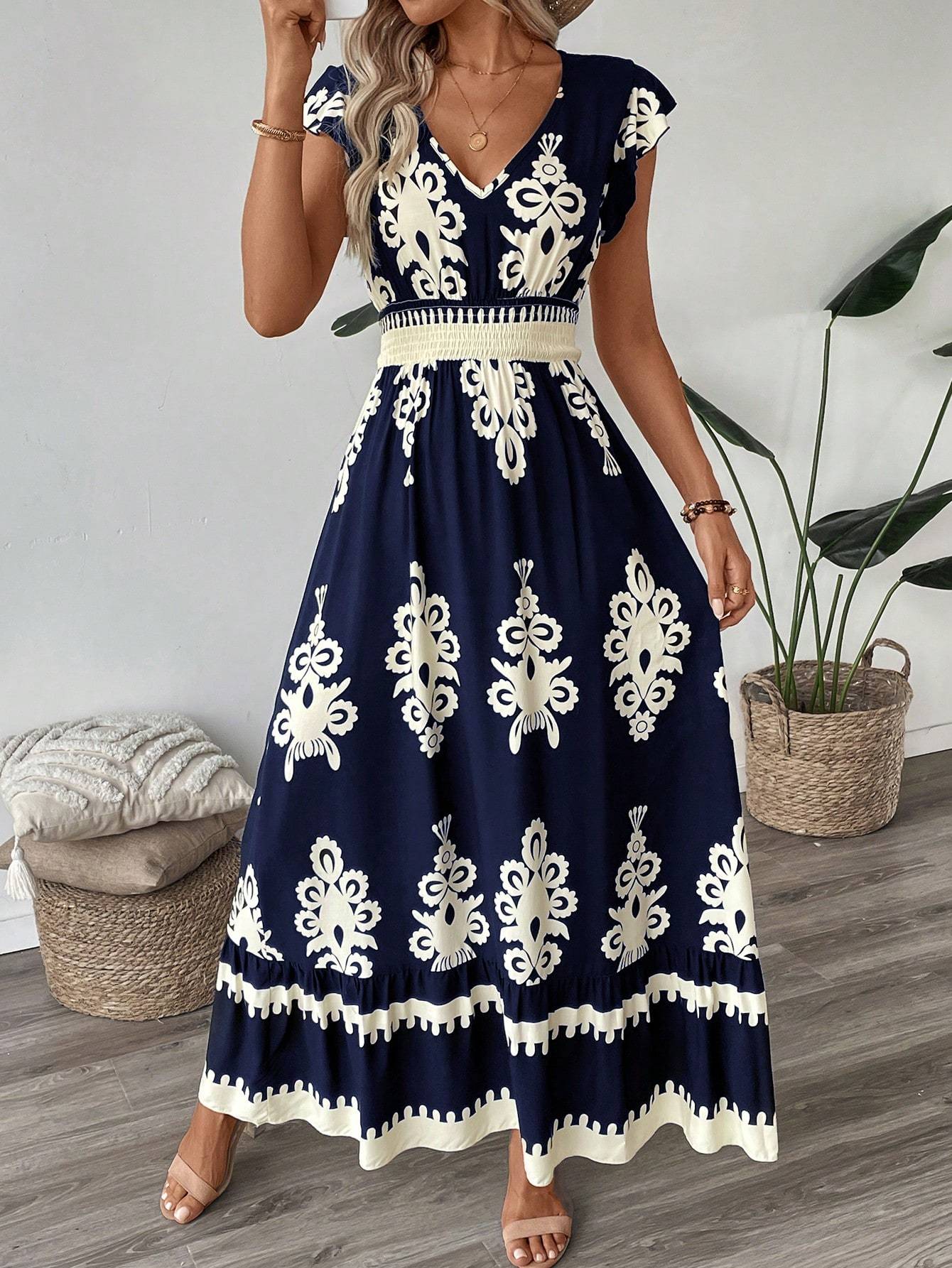 Trim Cap Sleeve Cinched Waist Ruffle Hem A-Line Dress