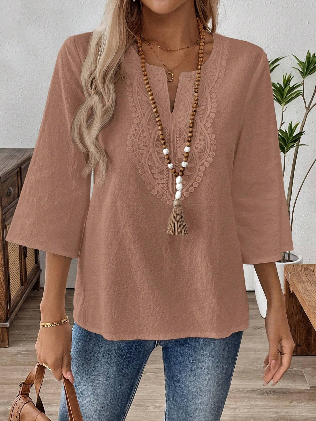 V-Neck Solid Color Casual Blouse