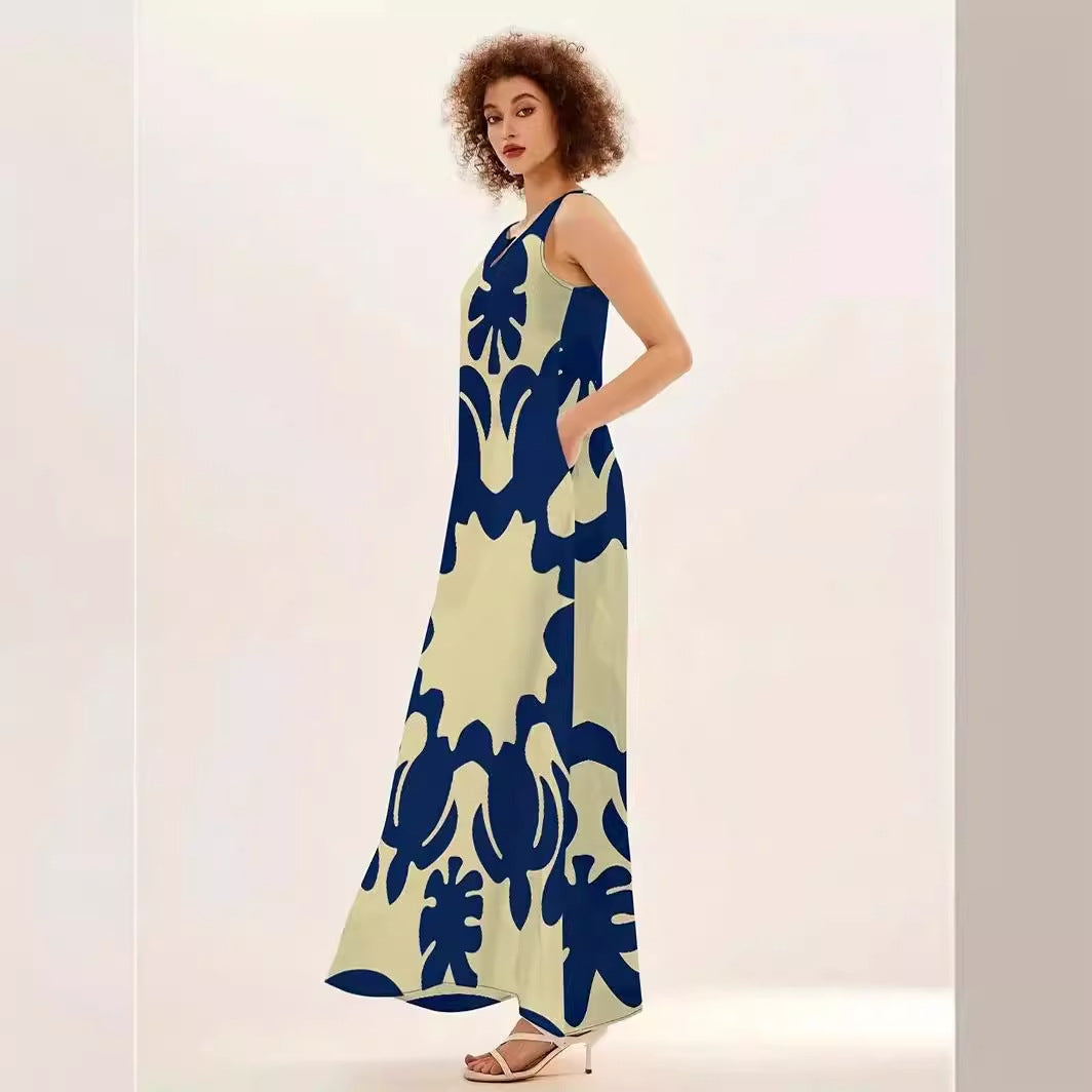 French V-Neck Printed Long Dress