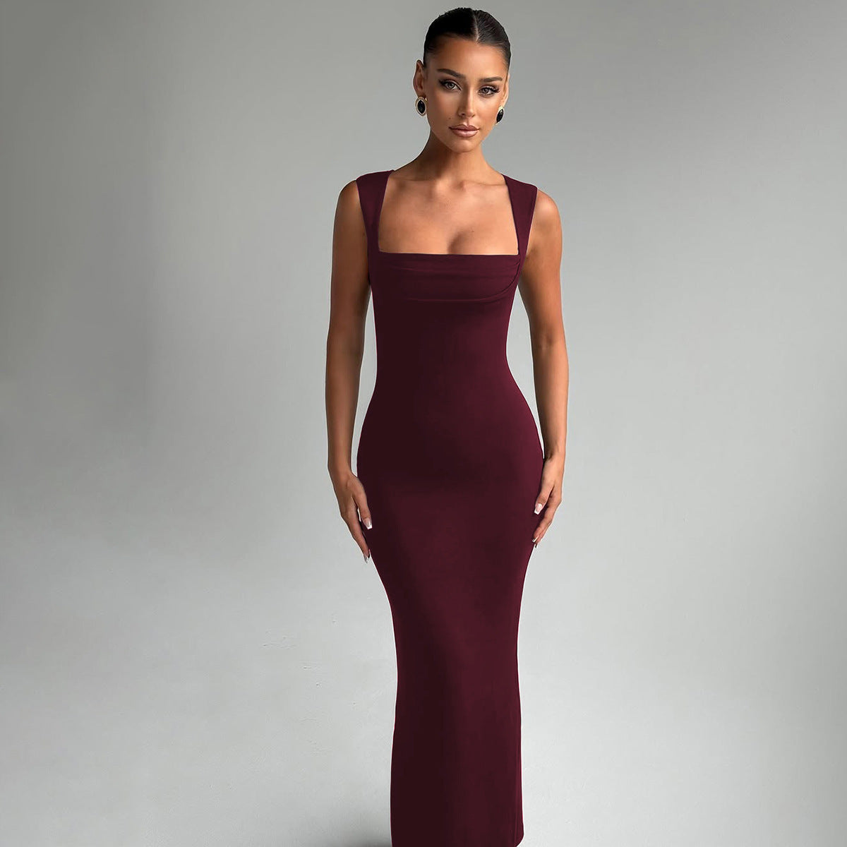 Fashion Temperament Slim Fit Square Collar Sleeveless Street Solid Color Slim Fit Dress Women