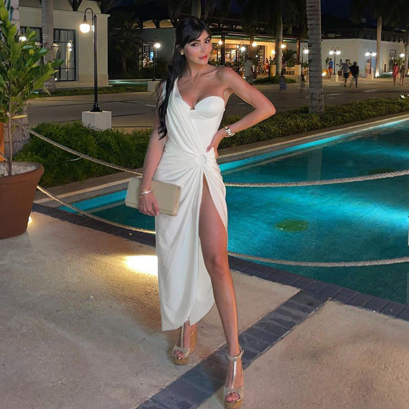 One Shoulder Hanging Neck Irregular Ladies Dress