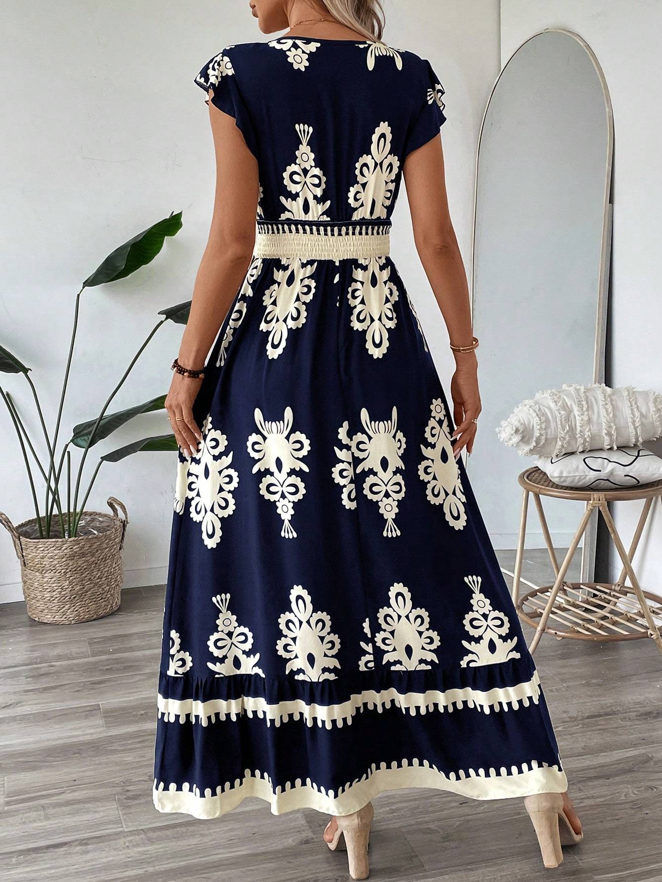 Trim Cap Sleeve Cinched Waist Ruffle Hem A-Line Dress