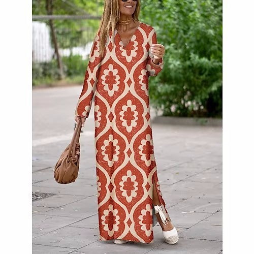 Sommer Geometrisch bedrucktes langes Kleid mit V-Ausschnitt, modische langärmelige Schlitzkleider für Damen
