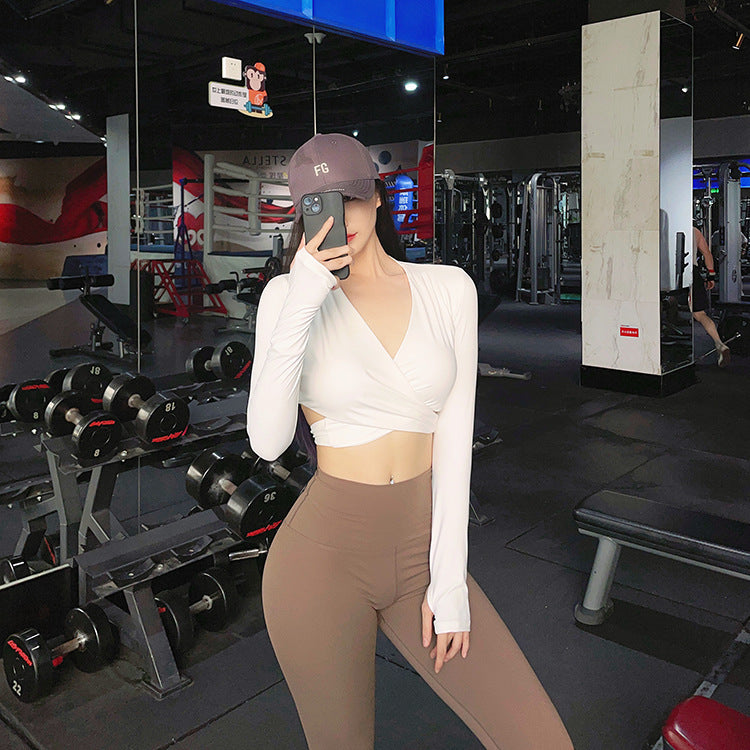 Yoga Clothes Long Sleeve Cross Sexy Women's Detachable Chest Pad