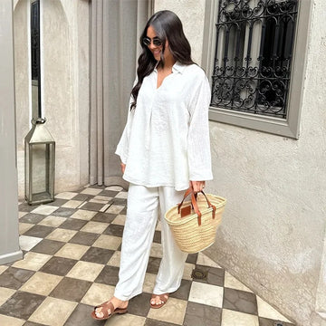 Summer And Autumn V-neck Women's Shirt Two-piece Set