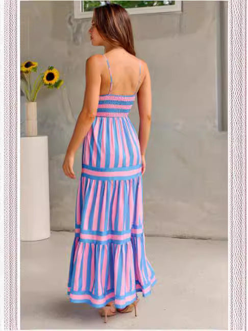 Sommer Gestreiftes Gedrucktes Hosenträger Langes Kleid Mit Taschen Mode Square Neck Backless Kleider Für Strand Urlaub Frauen Kleidung