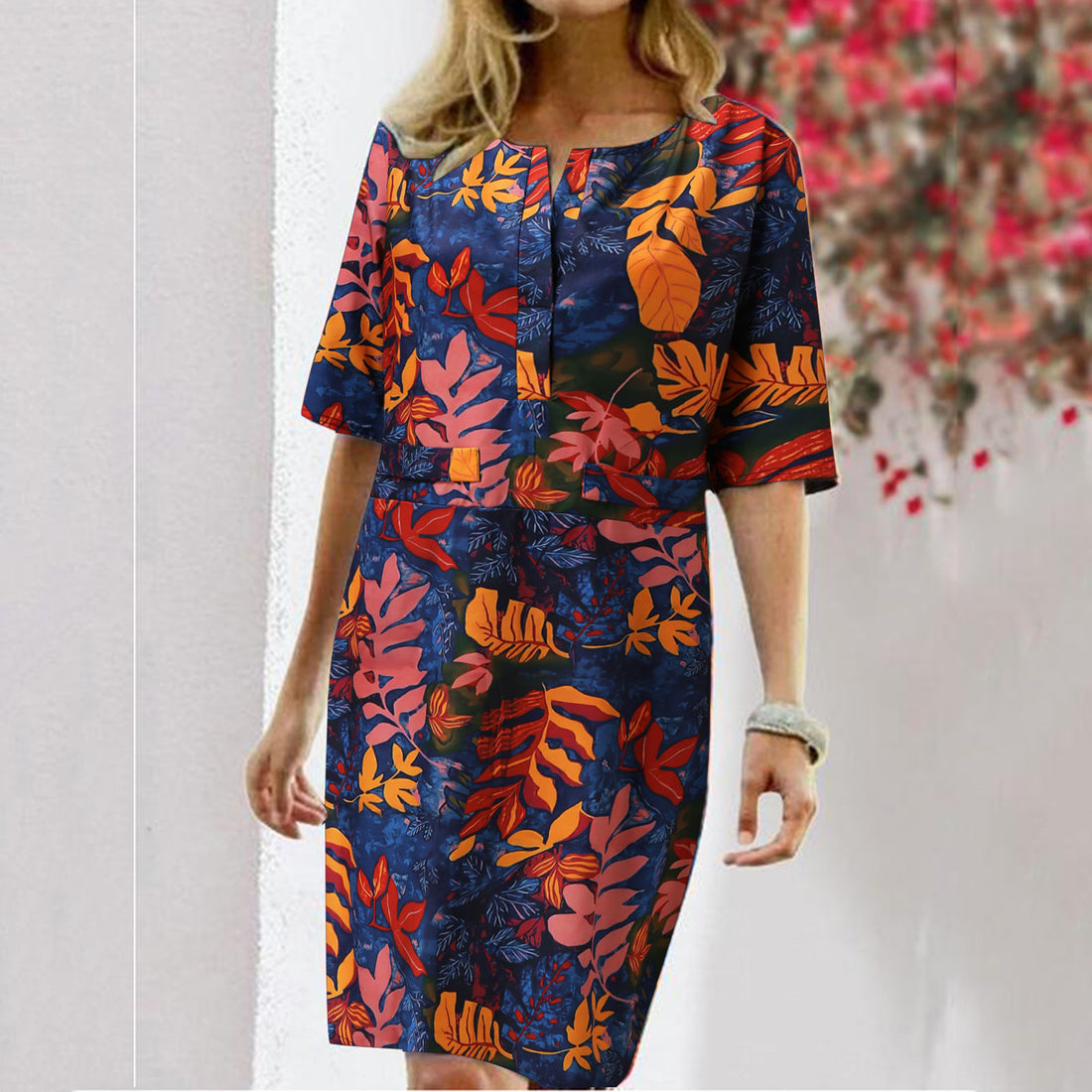 Vintage Kleid Frauen Sommer Floral Blatt Druck Schlitz Rundhals Halbarm Kleider